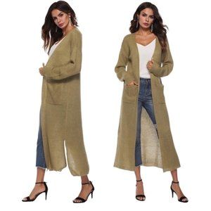 DUSTER LONG CARDIGAN SWEATER OPEN FRONT CARDIGAN DUSTER OPEN KNIT KHAKI M